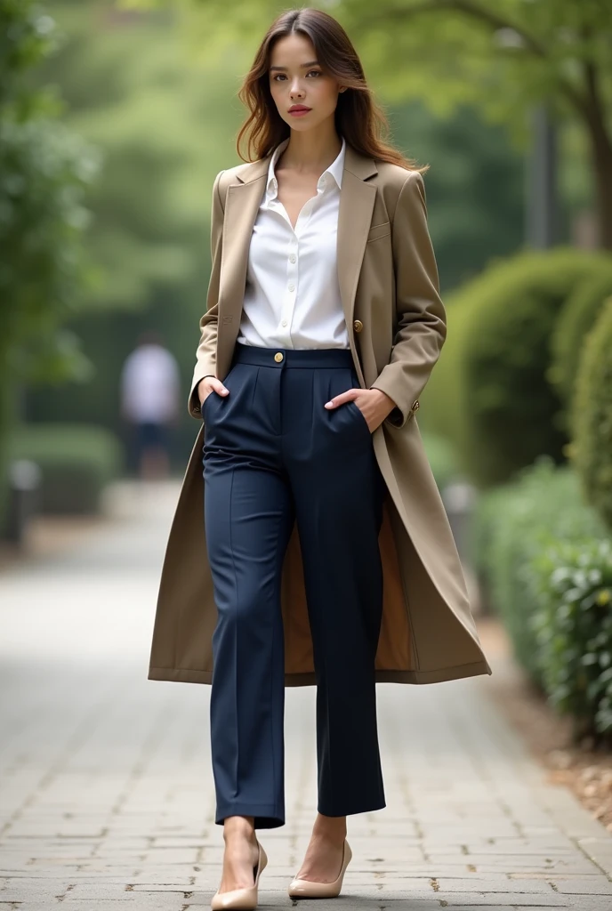 Young woman in white blouse, Navy blue pants and khaki coat and ballerina shoes