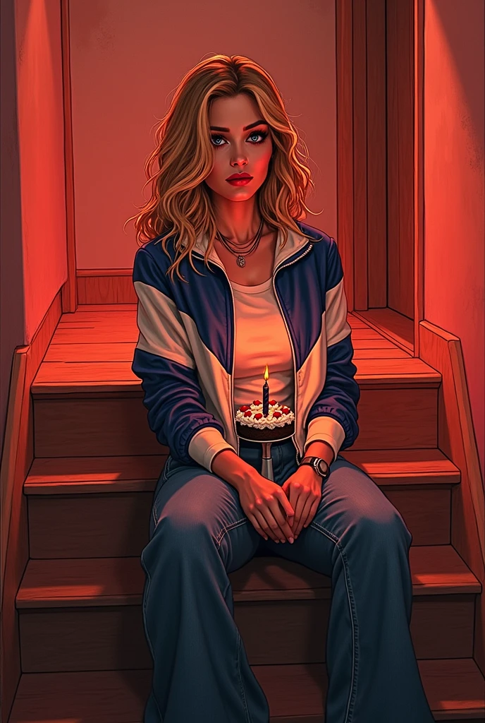 A woman with curly blonde hair and blue eyes wearing a blue and white jacket with long jeans, red lipstick on her lips, dark makeup around her eyes such as eyeliner and eyeliner, is sitting on a staircase holding in her lap a small birthday cake with only 1 candle, she looks sad and lonely., the image is realistic style photography art photography.