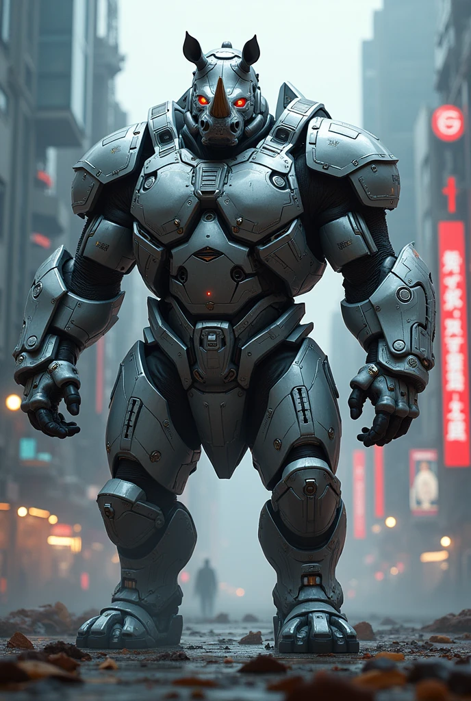 A futuristic rhino soldier wearing serbo armor and a gam