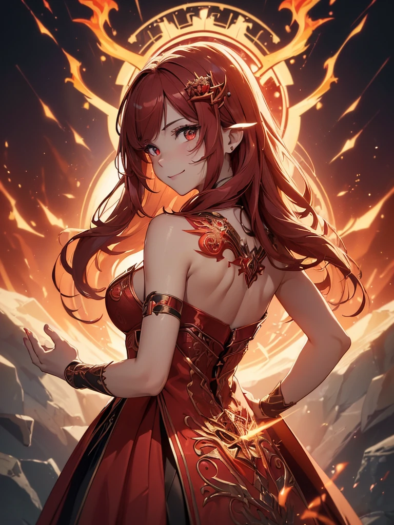 (((best quality, sharp image, clear image, cinematic lighting, 8k resolution, masterpiece, ultra detailed, intricate))) Girl, sorcerer, cute, intricate dress, smiling, fiery red, ((intricate background)), (rune frame), dimension, ((shot from behind)), fire sigils, chaotic background, ((half-body shot))