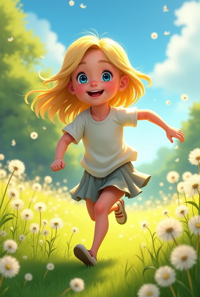 Animated young girl with blonde shoulder lenght hair blue eyes in a silver skirt and a white t-shirt running on the lawn full of dandelions