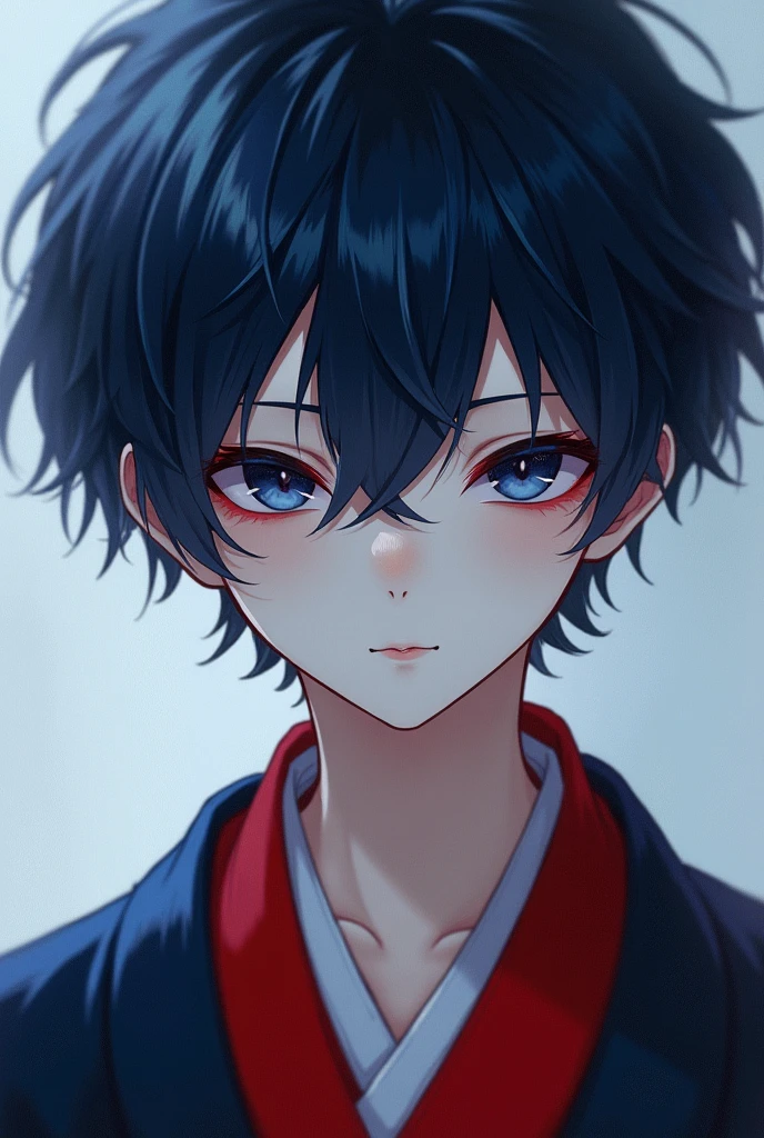 A boy. Japanese, pale skin, dark hair and blue indigo eyes with a traditional kimono and red eyeliner.
He has dark blue eyes framed with red eyeliner, fair skin, and short midnight blue hair in ear-lenght, with choppy bangs falling over his eyes.
The kimono is navy blue and red
His skin is extremely pale