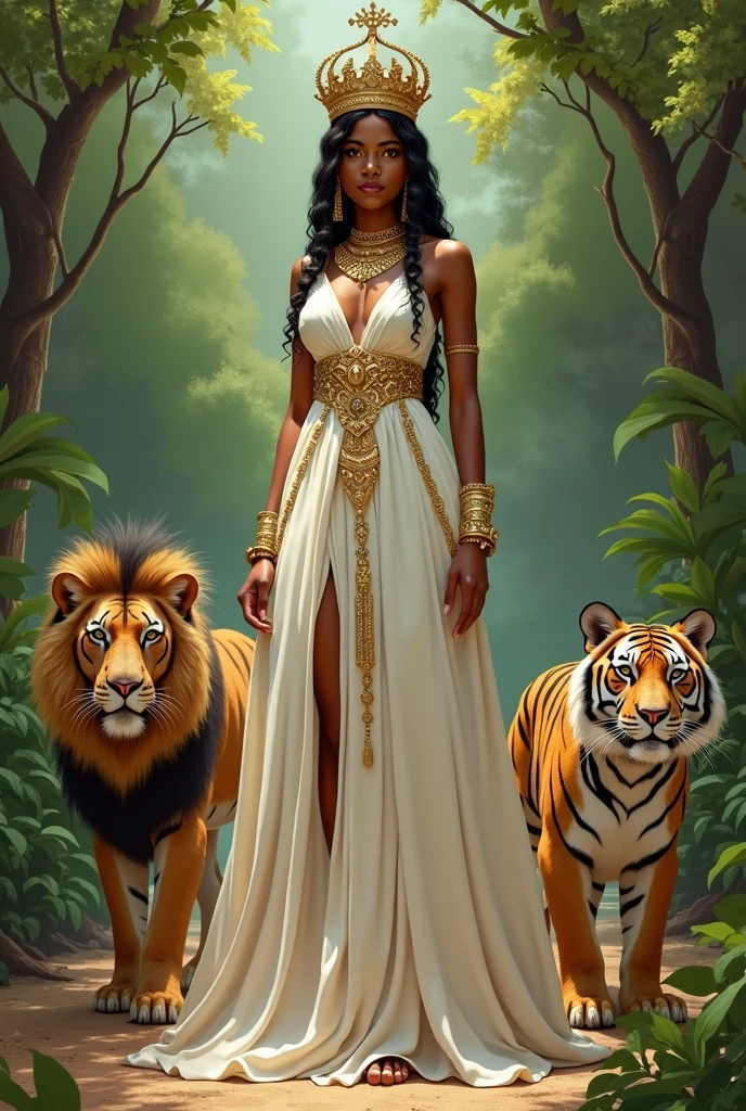 Ethiopian Queen Saba, her skin is more light, her outfit like white cotton dress, her crown like king Solomon, full body, lion and tiger, garden,guard, she is tall,bridesmaid.