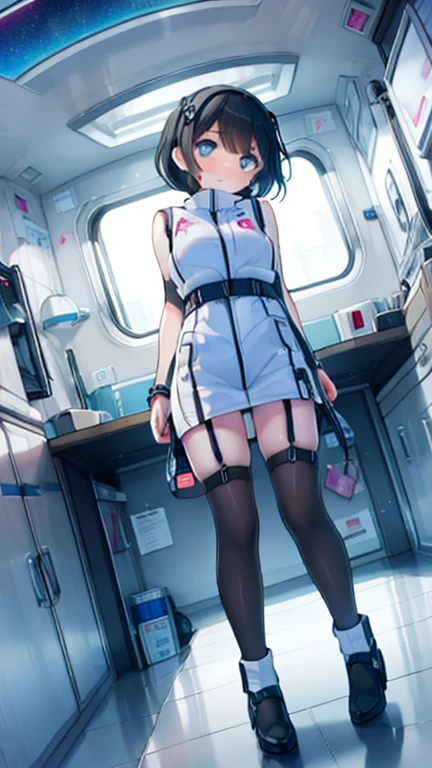 (Highest quality), (masterpiece), 1080P, High resolution, 4K, 8k, Inside the space station、Futuristic room、Thigh straps, Shooting from directly below, The woman on top of me, 白いSweat, Covered , Sweat, Woman looking down, Skirt swimsuit, Thigh-high socks, To achieve this, 16 years old, , whole body, Black leather shoes, Braided hair, Inner Color, Embarrassed face, Short black hair, bracelet, Bedroom,celestial body_Vest
