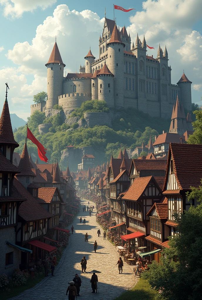 Medieval walled town with a fort