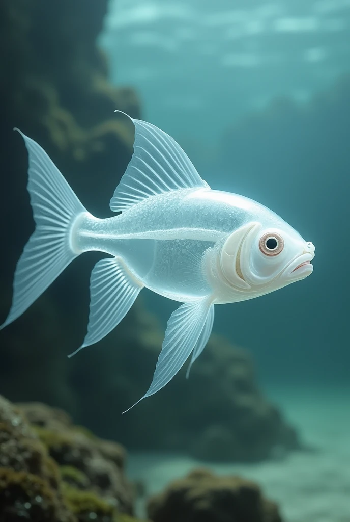 une nouvelle race de poisson blanc translucide  decouvert  : transparence totale  de son corps car on voit à l'intérieur tous ses organes, peu nombreux,  que l'on distingue très nettement . Ultra réaliste 
