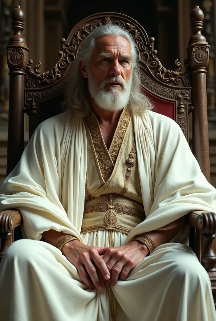 un gros plan D'un homme roi assis sur une chaise avec une robe blanche, Dressed as Oracle, Ancient kings in white robes, portant De longues robes moneyées, Cate Blanchett: méDiévale, portant Des robes D'money, D'dressed as an emperor, In the movie Excalibur 1 9 8 0, porter Des robes Dorées