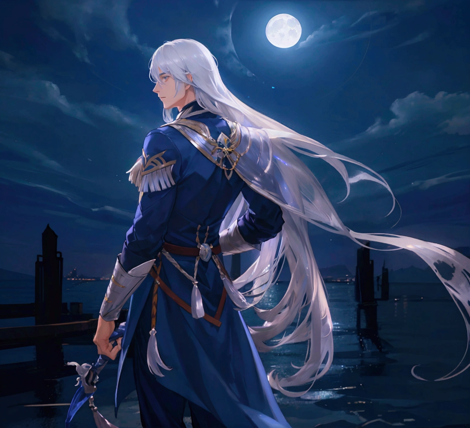 Late at night, a young man backlit by moonlight. A man in his 20s, profile, silver hair, long hair, bluish color tone, handsome young man, strong backlight, moonlight, Arabian costume