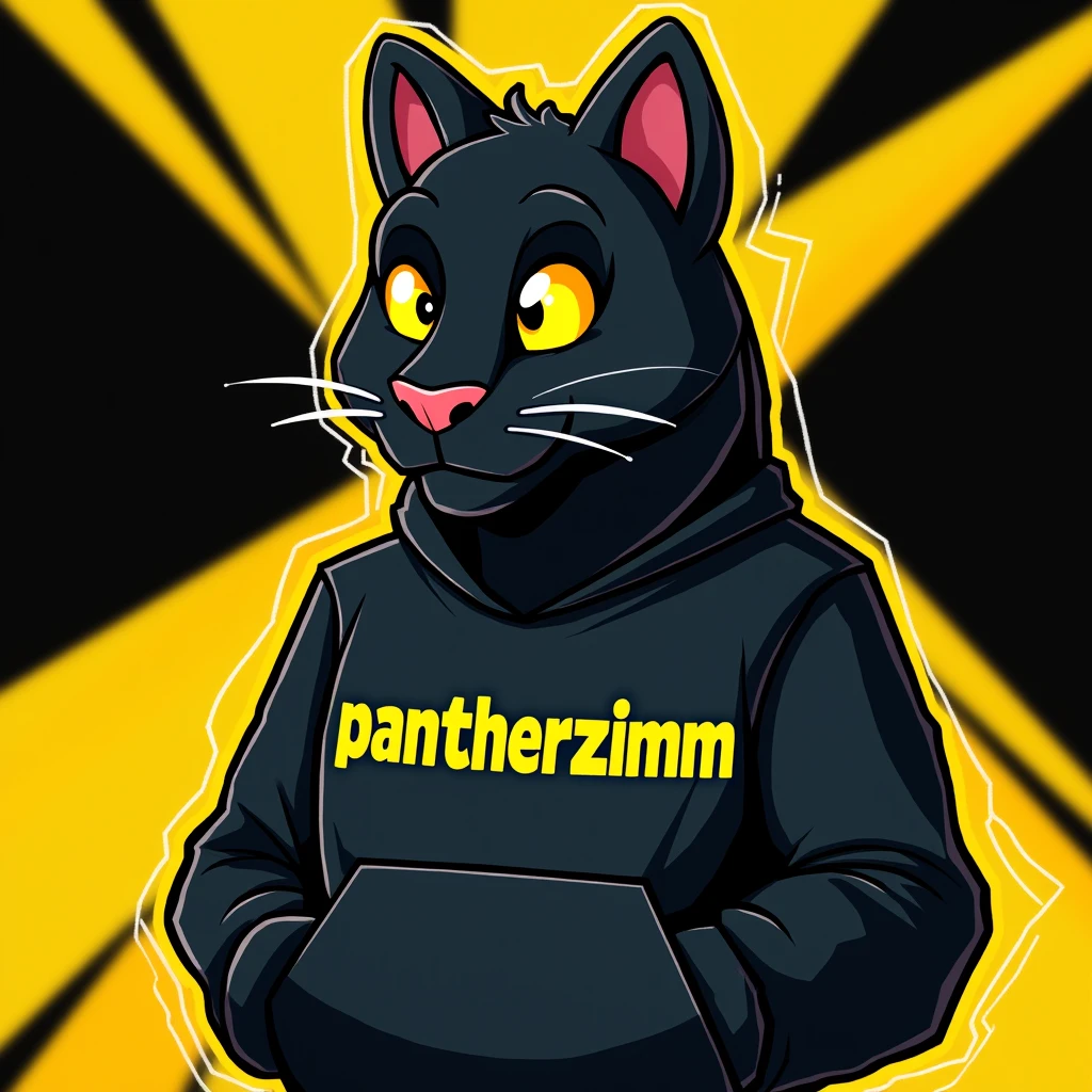 make a cartoon animal black panther with a sweatshirt written on it pantherzimm on a black and yellow background in the shape of a youtube thumb
