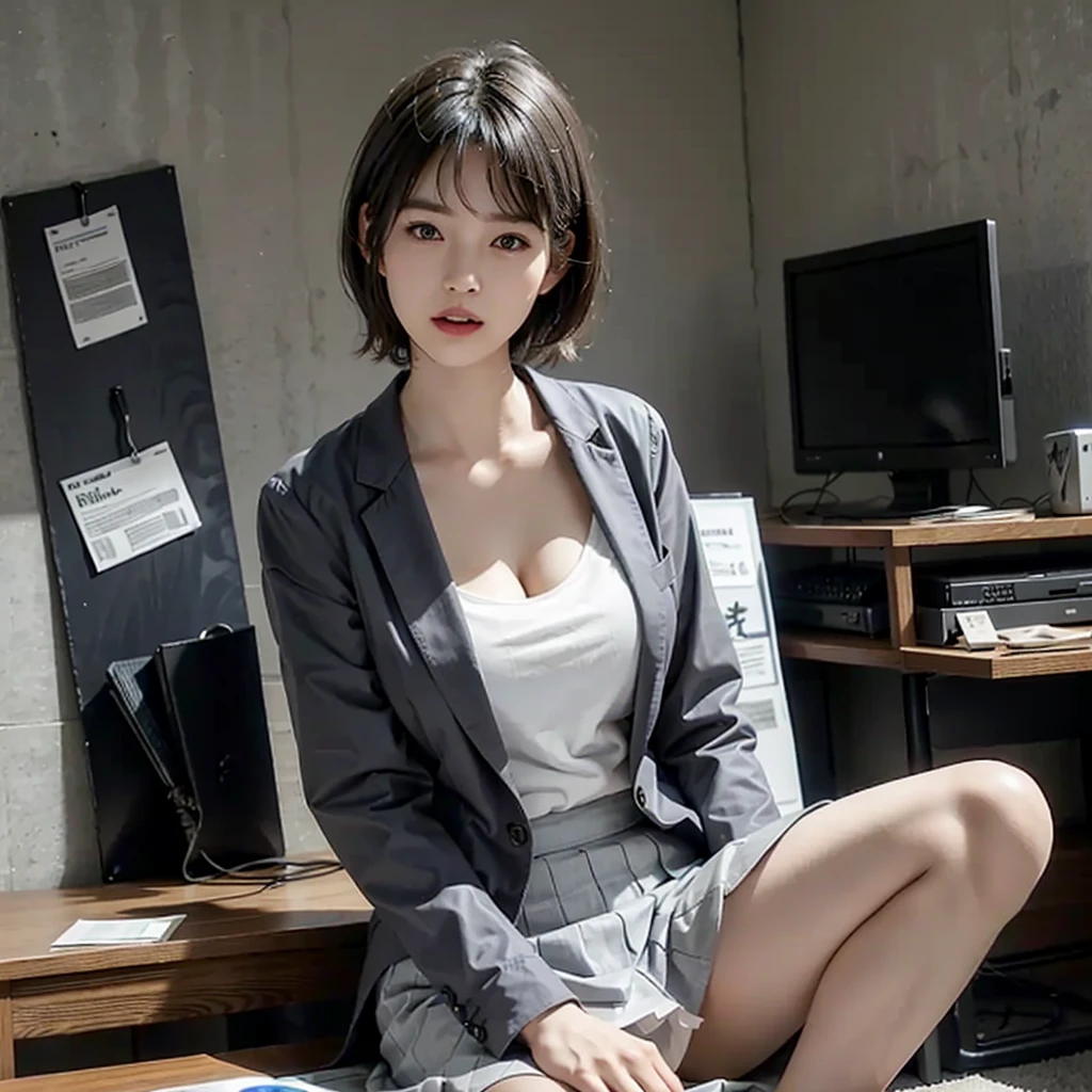 (Surreal), (Awareness-raising), (High resolution), (8k), (Very detailed), (The best Awareness-raisingns), (Beautiful and fine details), (Highest quality), (Ultra-detailed), (masterpiece), (wallpaper), (Detailed face), Droopy eyes,Sweaty, whole body, whole body, Long legs,Underarm,short hair,Colored inside,alone, Large Breasts, Cleavage, Japanese, huge 、Laughter, Wearing a grey blazer, Grey short skirt, Office Uniforms, bedroom、 Spread your legs wide、 True Face、 sit、 White panties are visible、