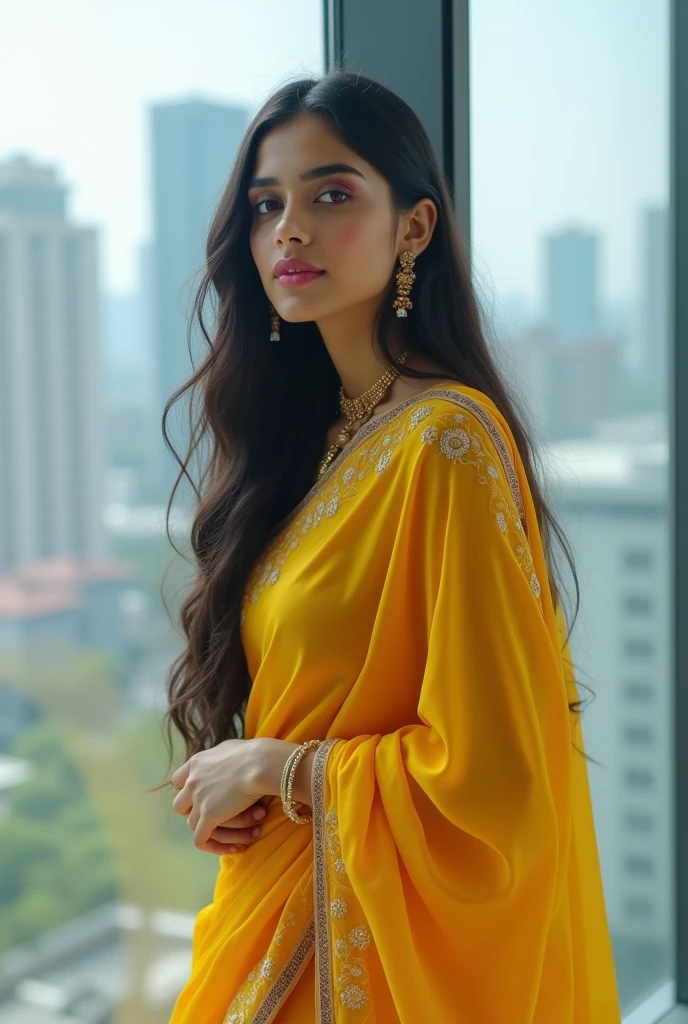 Una sola chica india de 25 años con Long hair usando sari en un edificio de día, Long hair, elegantly dressed, large windows with city view, pink lips, yellow clothes, Whole body, business meeting, sociologist
