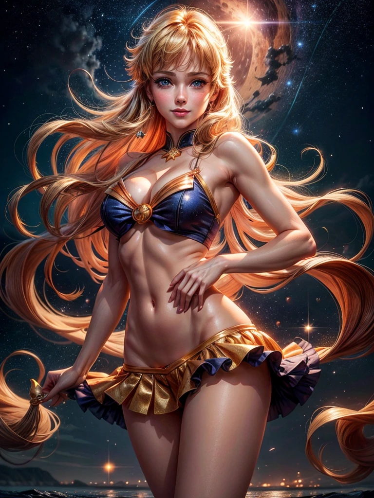 Sexy Sailor Venus in a night with bright stars, Long hair, looking at the viewer, smile, fringe, Love, blue eyes, High resolution, anatomically correct, masterpiece, High details, Very detailed, textured skin, Awarded many times, breasts, blush, shine,