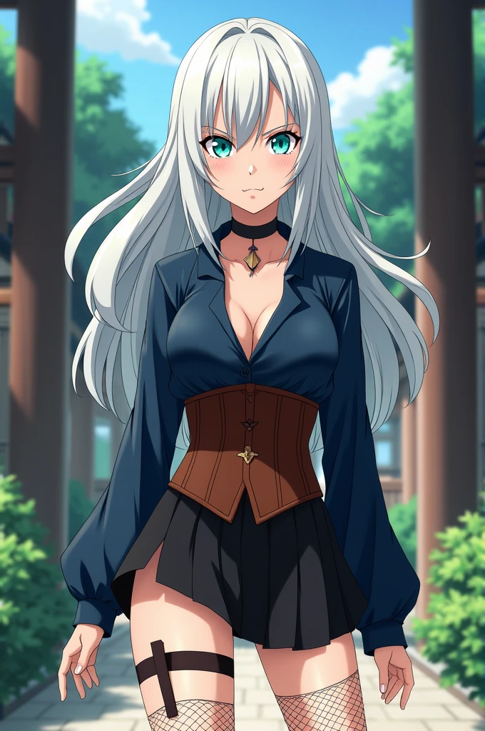 Sixteen year old teenage girl Long albino hair, turquoise eyes, long eyelashes, white skin, confident expression, Wearing a dark blue shirt exposed from the collarbone and with long loose sleeves on the sides, brown corset, short black skirt, with fishnet stocking, ninja band on the neck, in front of the entrance to the village. Each stroke in the style of the anime Naruto Shippuden.