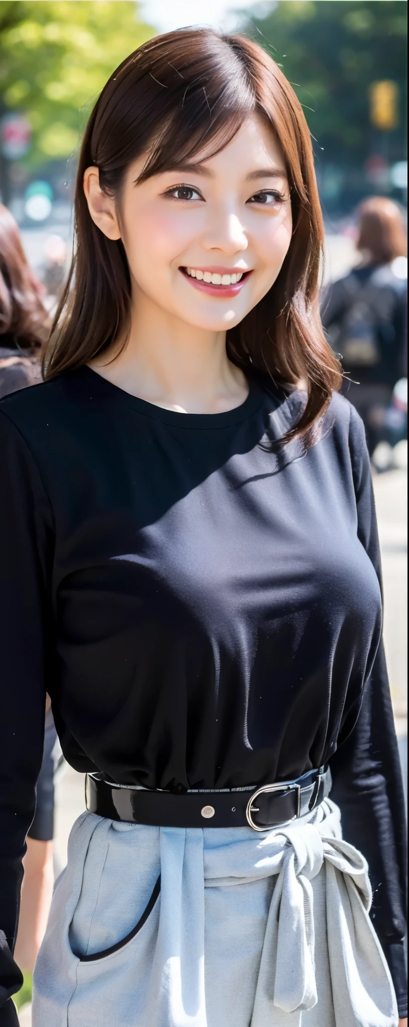(8k, RAW photos, top quality, masterpiece: 1.2, ultra detailed, super resolution, real photos: 1.37), (Full body photo), 1 noble elegant Japanese lady, A lot of wrinkles on the face, plumw, (standing contrapposte), Denim long pants, Thighs white, Good skin radiance, tunic long sleeve shirt, tight-fitting, large pelvis, Black heels, Shiny, mature pretty woman, Moist clothes, Smile, Daylight, Looks like 1.8 meters tall, Large breasts, big cuvy hips, Thin waist, Long legs, skin hyper-detail, 4, Perfect face, Fantastic look, (Detailed facial features), Wavy hair, center of street, crowd of people,