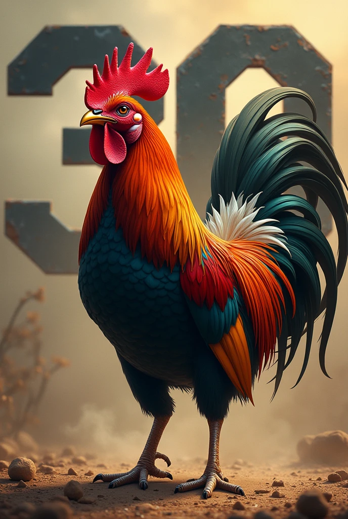 Design me an image of a fighting cock with the number 30 in the background for a birthday that says cockfighter at heart