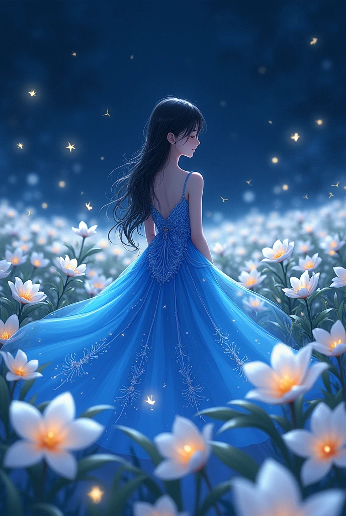 woman standing in the middle of white plumeria field during the night, fireflies, beautiful anime, long black wavy hair, complex blue butterfly dress, looking up, light smile, close eyes
