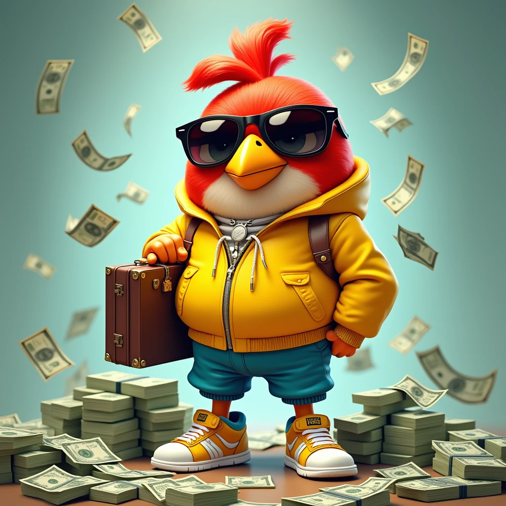 Crie um personagem estilo Angry Birds, with sunglasses, with yellow jacket, blue shorts with white details, gold colored sneakers with white details, holding a briefcase of money, around many bundles of money scattered. 