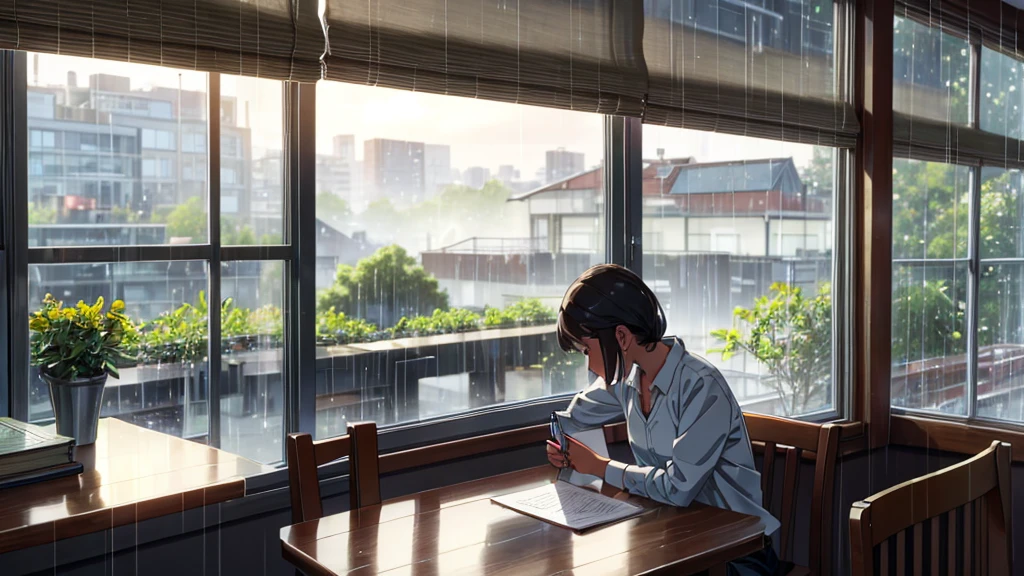 A young student sitting at a cafe table, studying with books and notes scattered around. The window in the background shows a rainy morning., with raindrops running down. The soft morning light illuminates the scene, creating a cozy and peaceful atmosphere.
