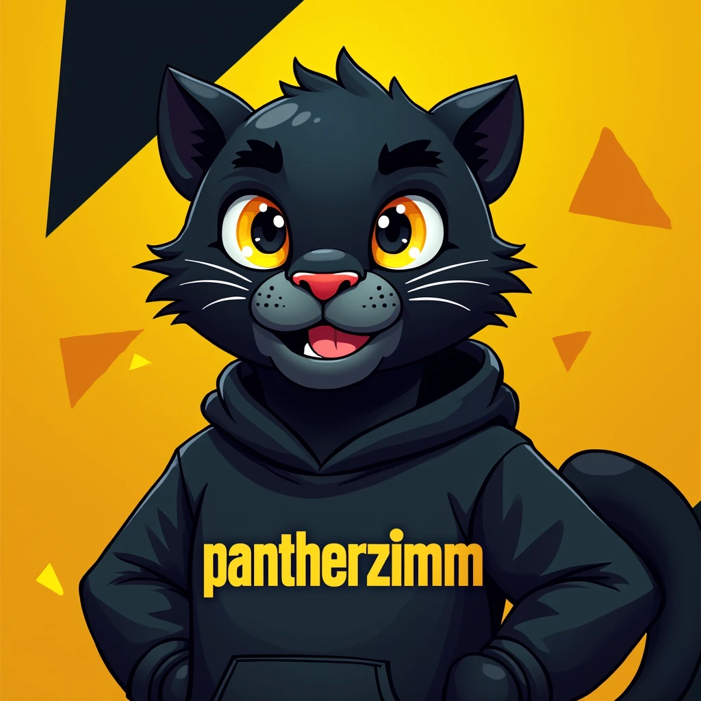 make a cartoon animal black panther with a sweatshirt written on it pantherzimm on a black and yellow background in the shape of a youtube thumb
