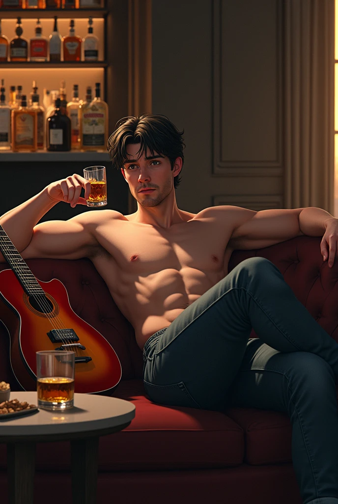 Lucifer human form young lean body no wings laying down on couch in room relaxing a bit sad with a glass of whiskey in hand and with a whole bar in room and table with a whiskey glass and snacks.Guitar beside me on couch shirtless with jeans .