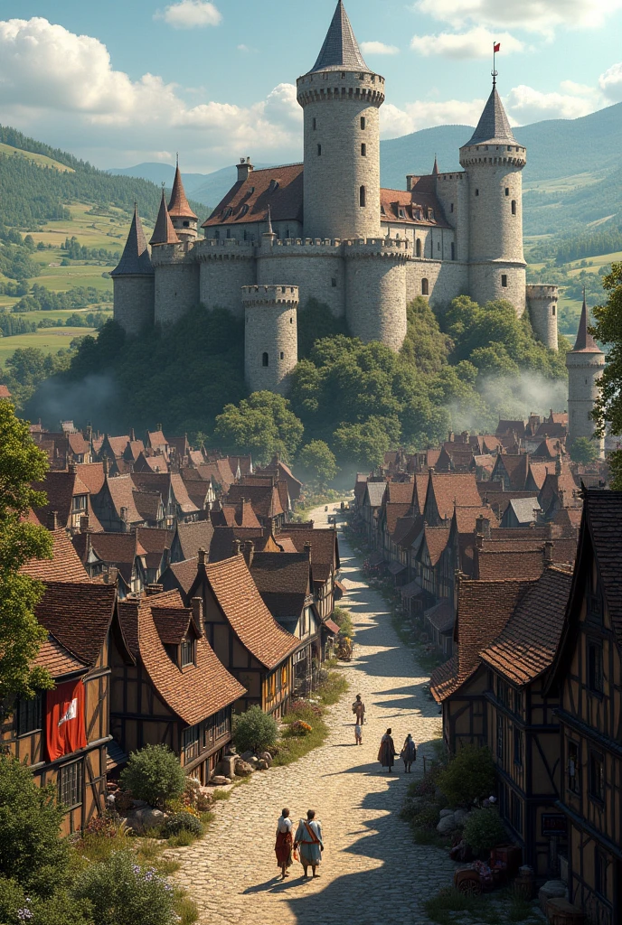 Medieval town with wall around it and a fort