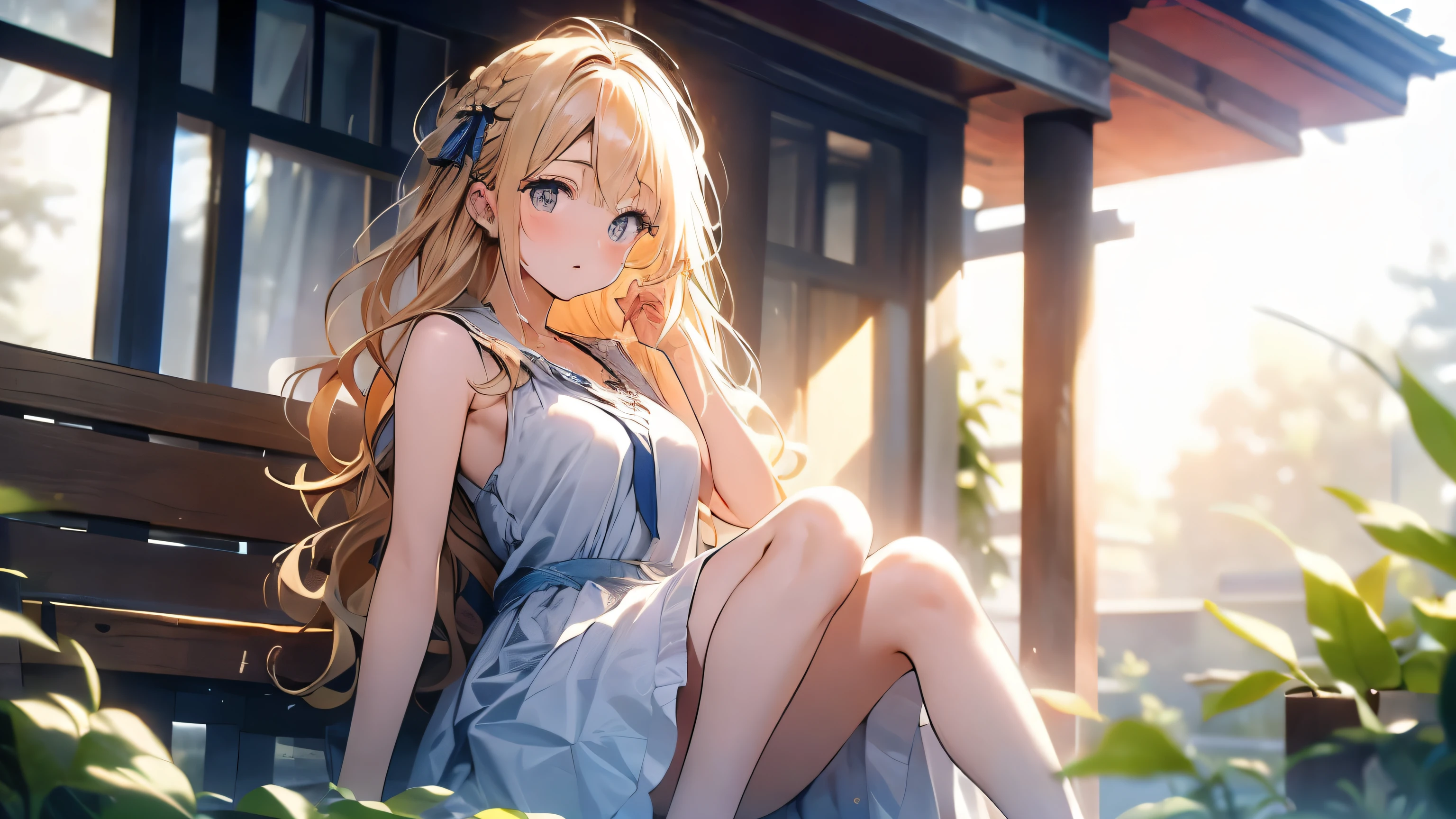 Realistic digital painting of a young woman with long, messy, windblown blonde hair, The woman is wearing a sleeveless dress, A sad expression、Gazing at the sky、It's a bit depressing,She is gazing pensively into the distance、Earrings、A woman sits alone at an outdoor cafe at night, The warm glow of street lamps and the interior lights of the cafe illuminate the scene., Many stores are closing and it's getting dark、Reflection on a wooden table, The overall atmosphere is calm、.She has an air of quiet contemplation., In the background is a street lined with shops,And the night sky above is clear、Some stars are visible.