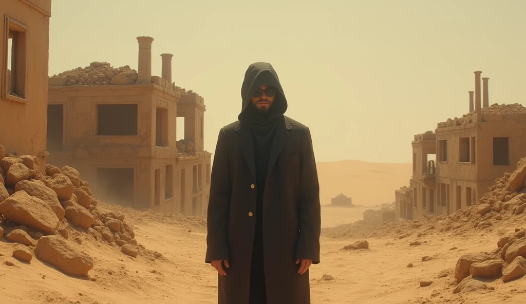 A man named Jack, 30 years old, his face is not visible, standing in the desert, with broken houses everywhere.