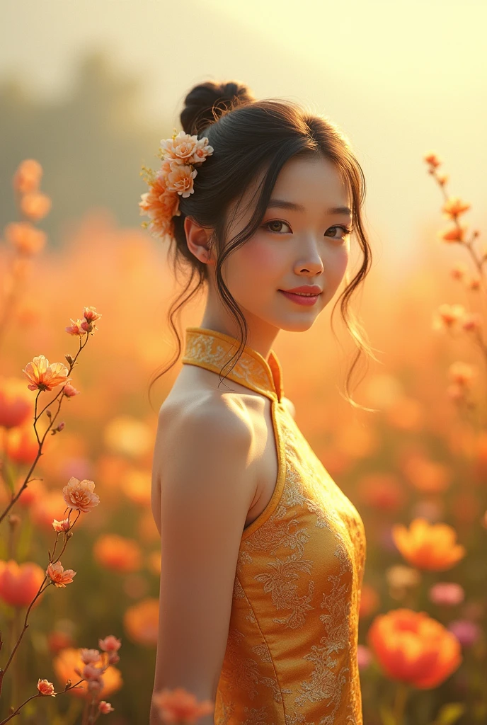 Cute girl in a gold cheongsam, flower field background 
