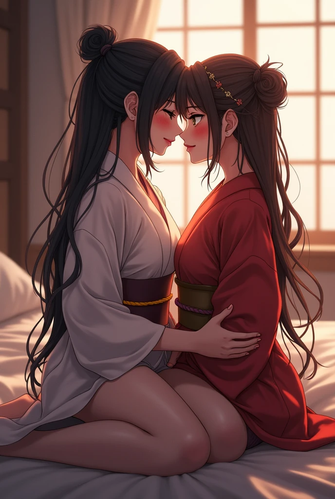 Two women with Japanese clothes sitting in bed with close body contact they are hot right now they are so close to kiss
