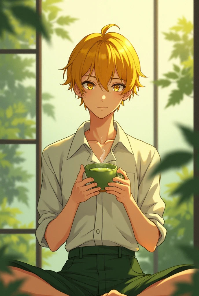 Anime Male (yellow) drinking a cup of green tea