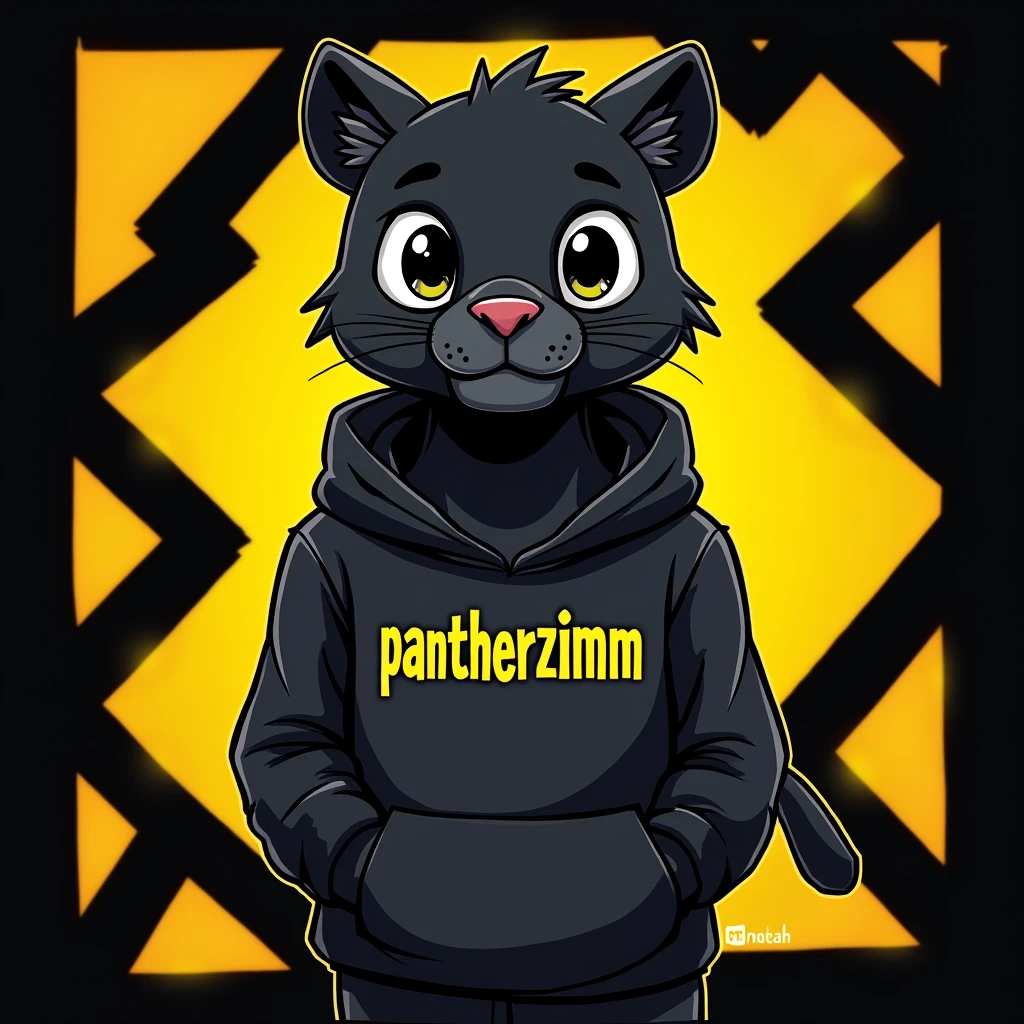 make a cartoon animal black panther with a sweatshirt written on it pantherzimm on a black and yellow background in the shape of a youtube thumb