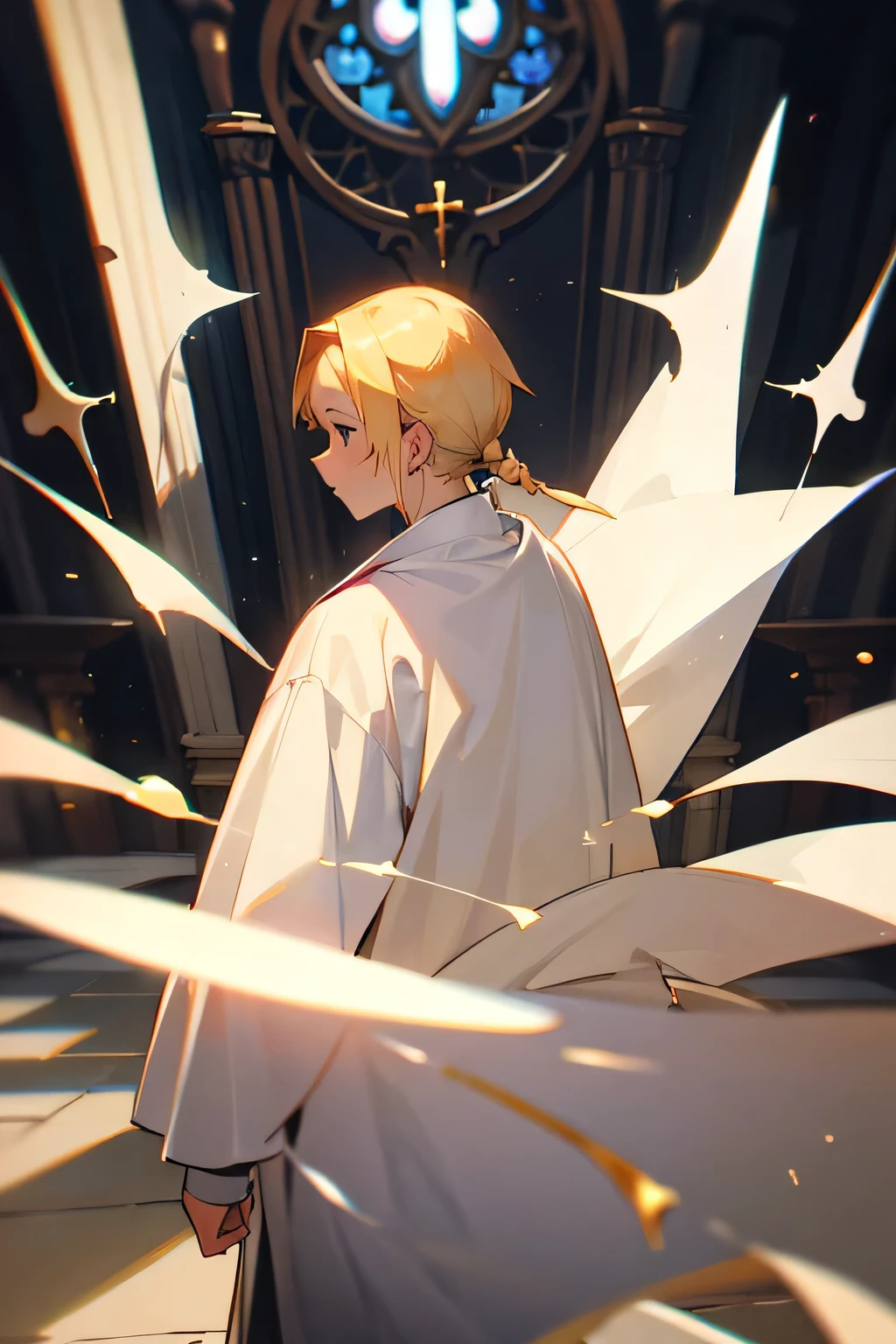 Human,priest at the cathedral, blonde hair,white rop