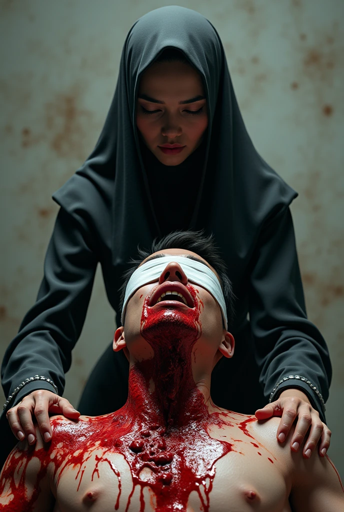 Realistic, A very beautiful Indonesia jilbab graceful executioners girl knife, cut throat A boy prisoner blindfold neck bloody splash, full body, wide open throat, throat contents