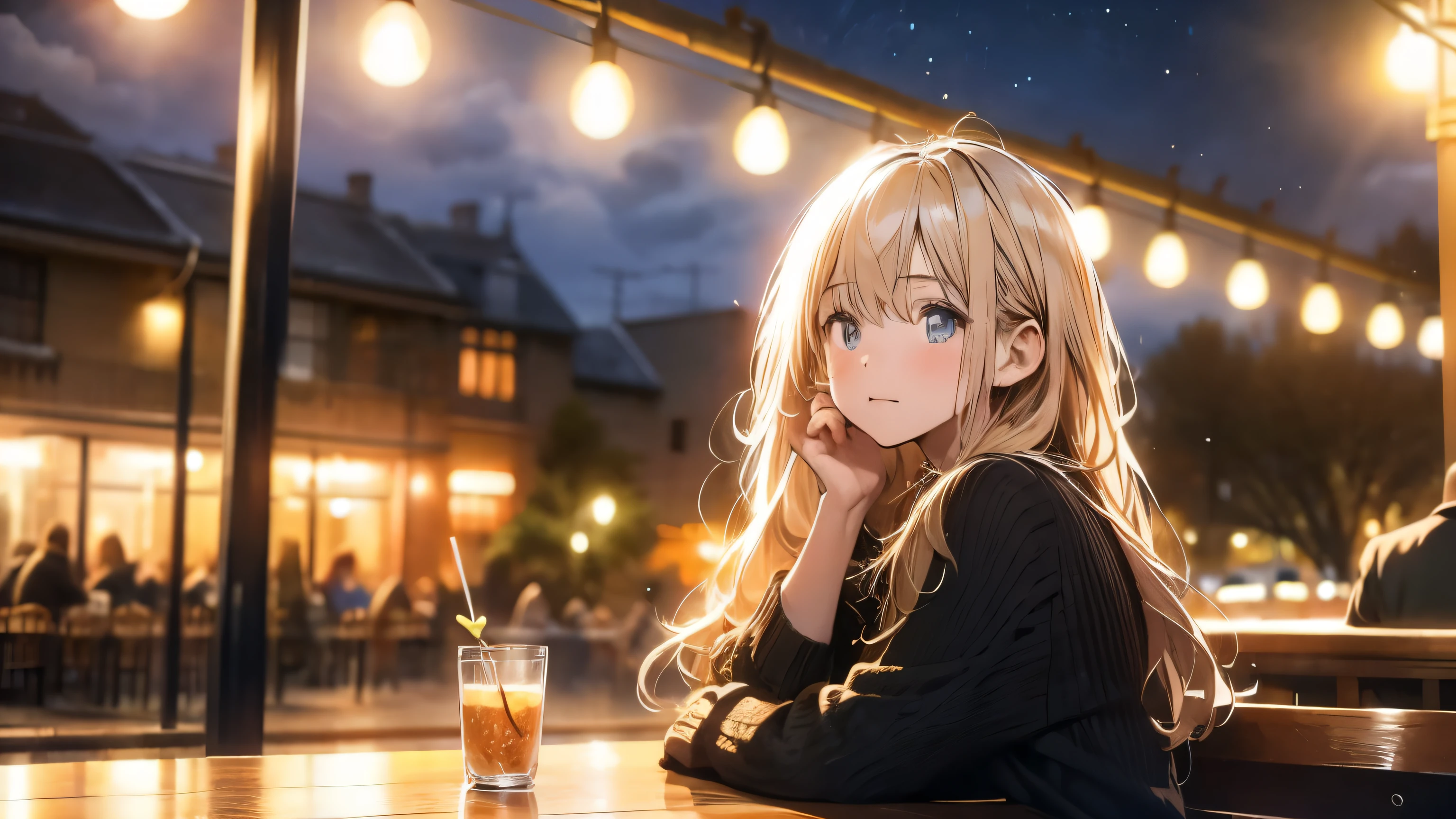 high resolution、Young woman with long, messy, windblown blonde hair、The woman is wearing a sleeveless dress, A sad expression、Gazing at the sky、A woman sits alone at an outdoor cafe at night, The warm glow of street lamps and the interior lights of the cafe illuminate the scene., Many stores are closing and it's getting dark、Reflection on a wooden table, The overall atmosphere is calm、It's a bit depressing,She is gazing pensively into the distance、. She has an air of quiet contemplation., In the background is a street lined with shops,And the night sky above is clear、Some stars are visible.