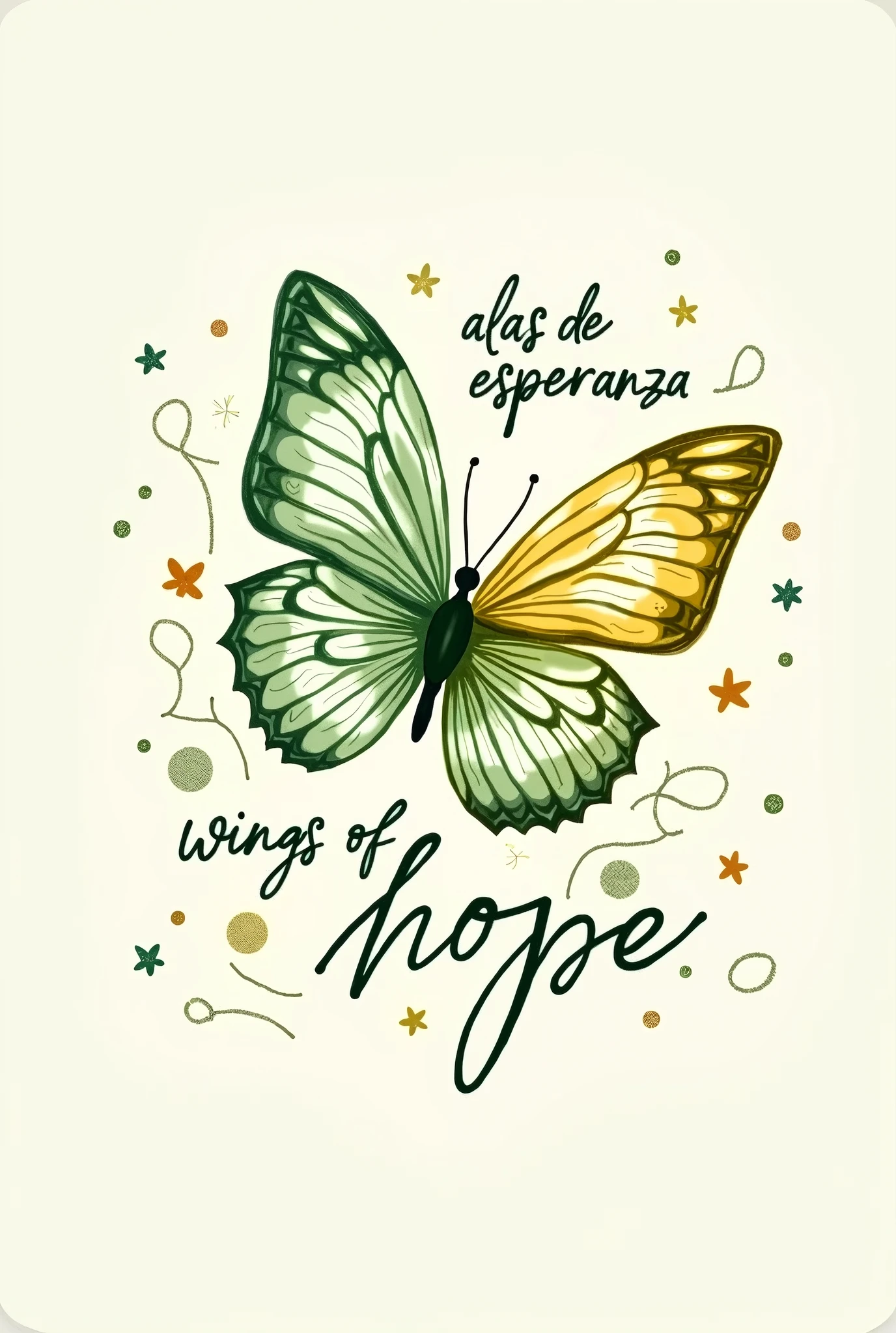 A drawing style image that has a butterfly that has the colors green, yellow and white and around it says,(wings of hope zawadzkyna) and that it comes out in Spanish