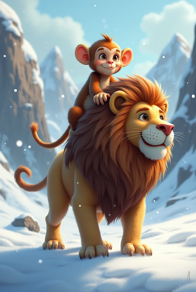 A monkey riding a lion in the snow