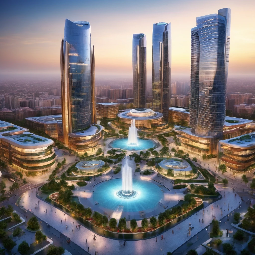 Complex of three gigantic and very tall connected skyscrapers surrounding a plaza with a fountain in the middle, futuristic design, eco style, aerial view, Soft lighting, Very detailed,HD,8k, This fulfills the function of being a highly demanded academic institute