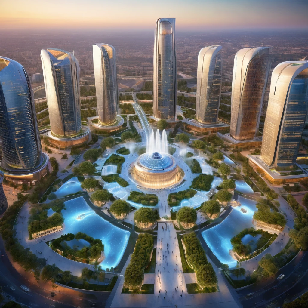 Complex of three gigantic and very tall connected skyscrapers surrounding a plaza with a fountain in the middle, futuristic design, eco style, aerial view, Soft lighting, Very detailed,HD,8k, This fulfills the function of being a highly demanded academic institute