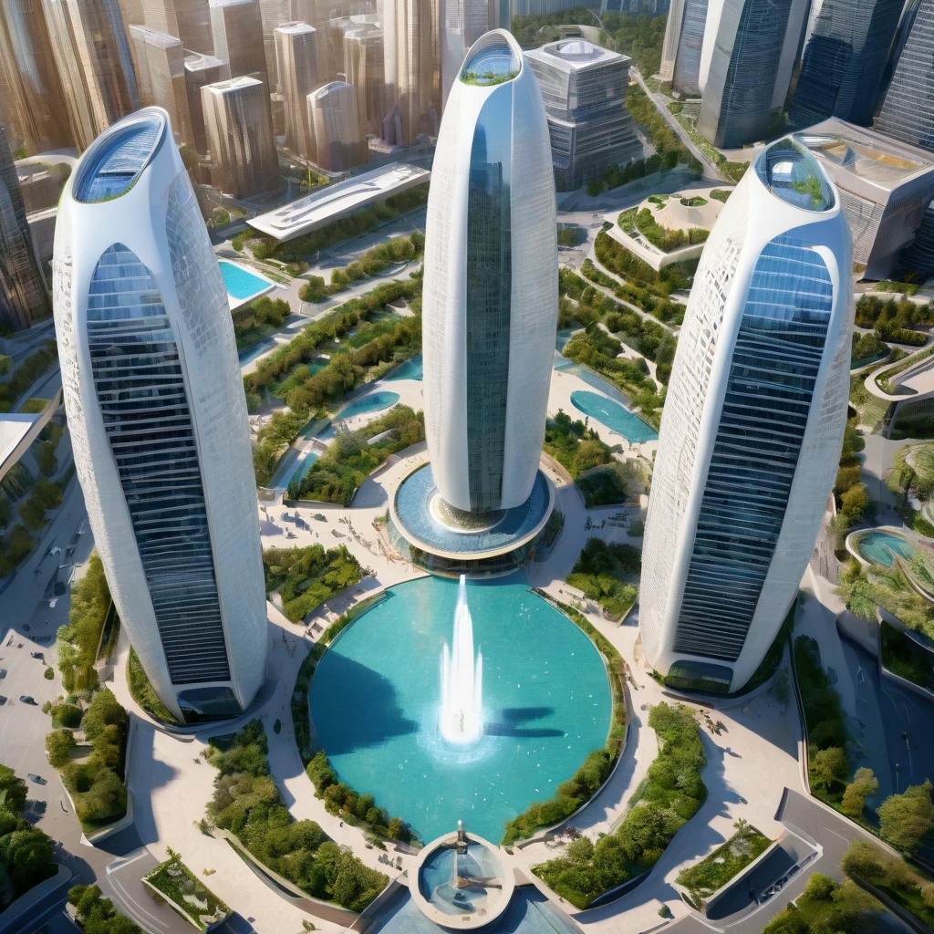 Complex of three gigantic and very tall connected skyscrapers surrounding a plaza with a fountain in the middle, futuristic design, eco style, aerial view, Soft lighting, Very detailed,HD,8k, This fulfills the function of being a highly demanded academic institute