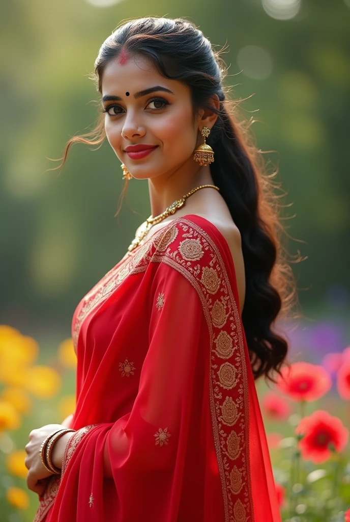 A 16 Indian women, in a red designer transparent saree,beautyfull face,light skin color,shy smile,looking at viewer,jhumka in ears,poney tail hair style,day light,glowing skin,black bindi in her forhead,flower garden background,full body,8k,ultra detailed