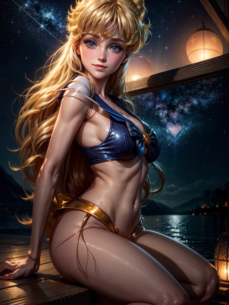 Sexy  Sailor Venus  in a night with bright stars, Long hair, looking at the viewer, smile, fringe, Love, blue eyes, High resolution, anatomically correct, masterpiece, High details, Very detailed, textured skin, Awarded many times, breasts, blush, shine, 