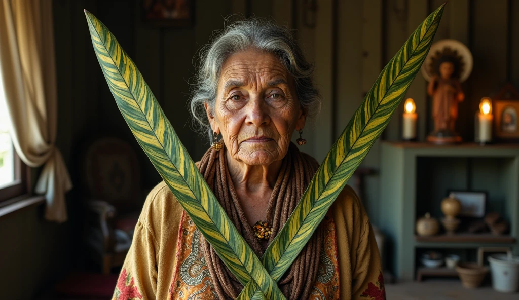 ultra realistic Brazilian northeastern elderly woman healer with two long plants in the shape of thin spears, crossing like an x in front of your chest. The plant is green with medium green and dark green stripes throughout.. In the background, a house with a shelf with saints and lit candles.. convey depth.
detail of the plants are striped horizontally in green and yellow, imitating the plant Sansevieria trifasciata, The woman wears beautiful mystical clothes and has a serious and firm face. Behind them we have candles and images of saints..