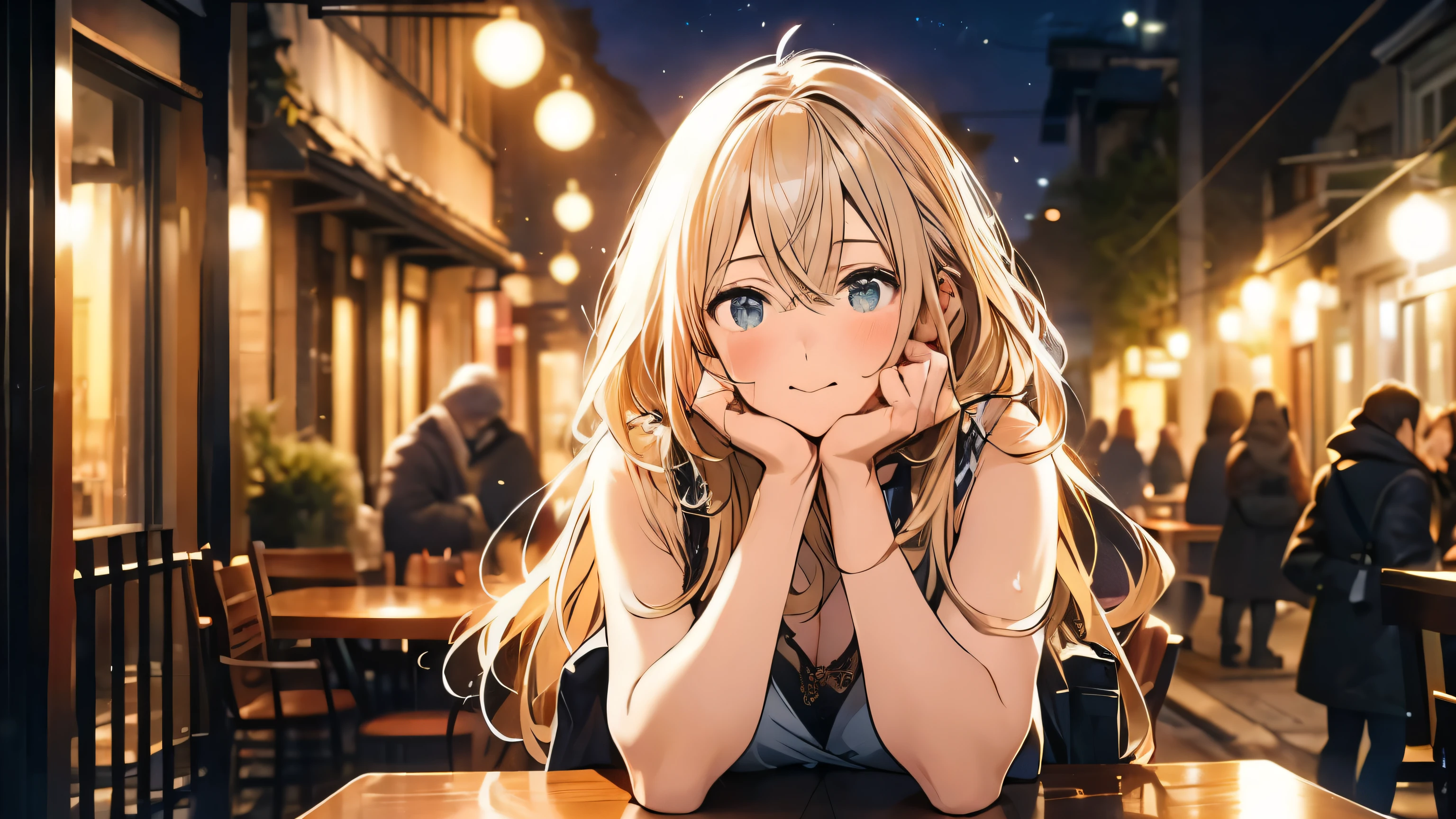 high resolution、Young woman with long, messy, windblown blonde hair、The woman is wearing a sleeveless dress, A sad expression、Gazing at the sky、A woman sits alone at an outdoor cafe at night, The warm glow of street lamps and the interior lights of the cafe illuminate the scene., Many stores are closing and it&#39;s getting dark、Reflection on a wooden table, The overall atmosphere is calm、It&#39;s a bit depressing,She is gazing pensively into the distance、. She has an air of quiet contemplation., In the background is a street lined with shops,And the night sky above is clear、Some stars are visible.
