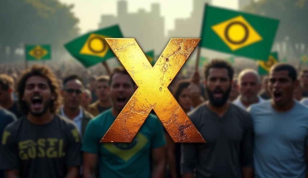 Create a visually stunning image of the X logo (formally twitter) make sure the logo is the main focus and at the front of the image. Add blurred out angry protesters holding Brazilian flags behind the logo.