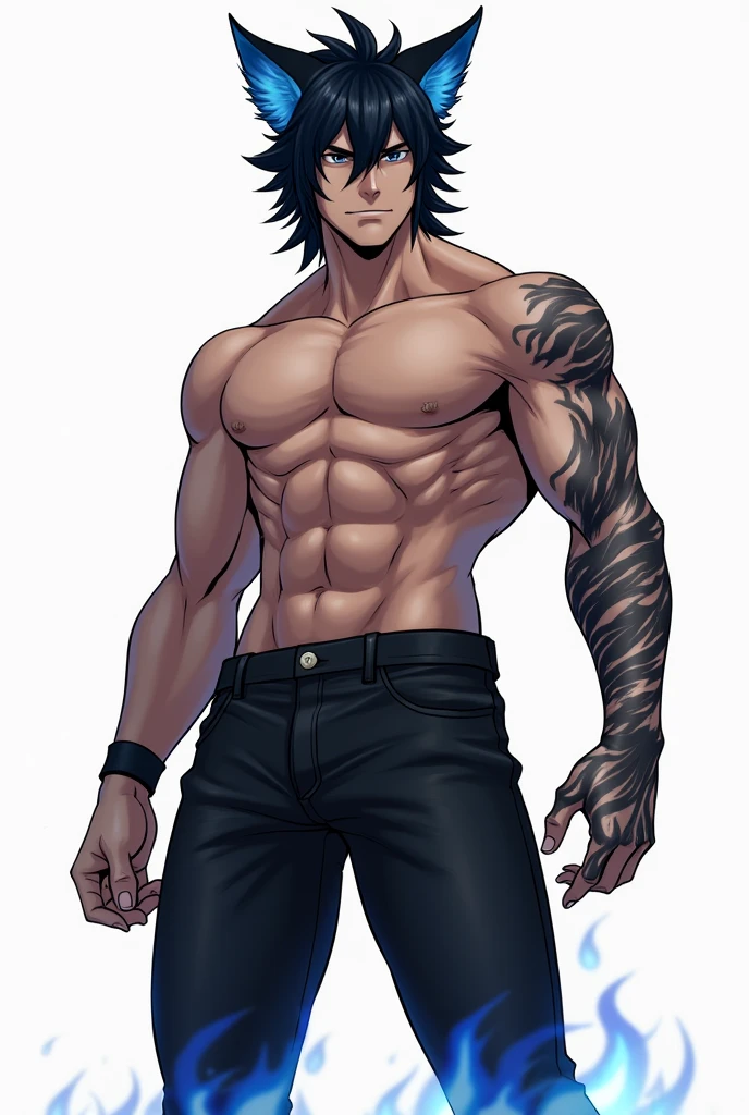 Anime man,masculine ,with wolf ears,and navy blue fur on inner parts of ears,with black hair,with black tight jeans,and blue fire emblems on the hem of the jeans