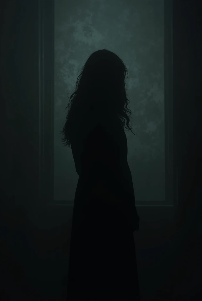 Shadow of a woman huddled on the wall in a dark place