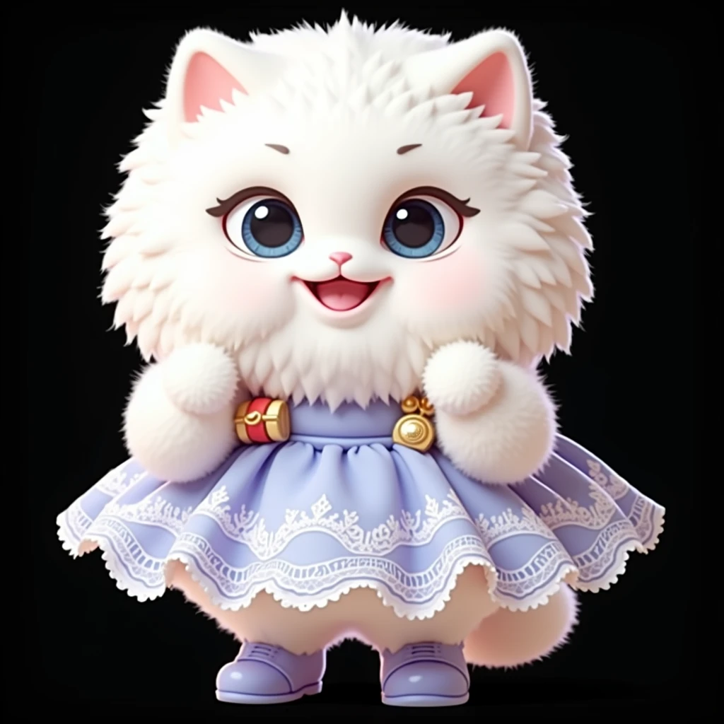 plush very fluffy cat, White wool, like a stoat, Stands on its hind legs, in a dark blue lace dress,blue shoes, red bag, blue doll eyes with big eyelashes, smiles with open mouth, speaks, moves his paws, spreading out the sides, 3D стиль, 8k , 4K, HD, clean background, style, I guess, votive
