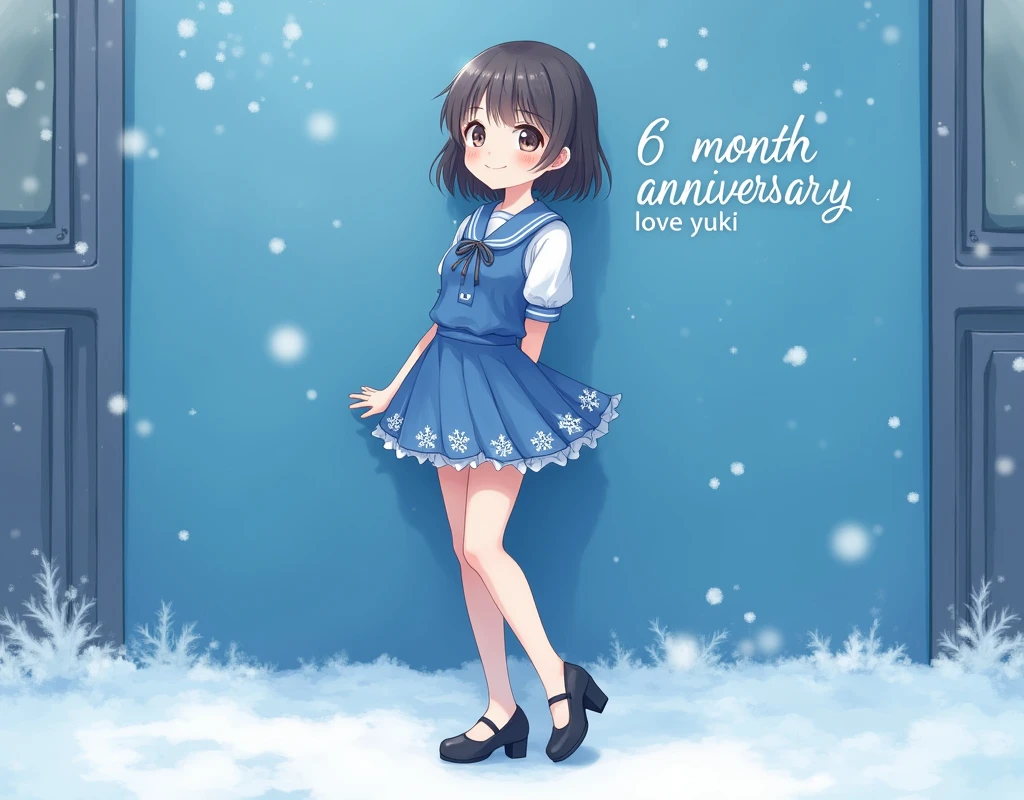 Blue dress，school girl，short skirt，whole body，high heels，smile，student，lovingly looking at camera, snowflakes, Behind the blue wall background there is writing. "6 month anniversary, love Yuki"