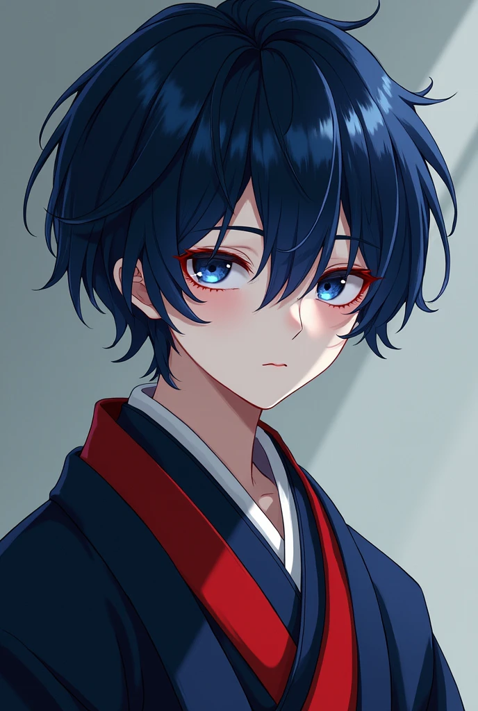 A boy. Japanese, pale skin, dark hair and blue indigo eyes with a traditional kimono and red eyeliner.
He has dark blue eyes framed with red eyeliner, fair skin, and short midnight blue hair in ear-lenght, with choppy bangs falling over his eyes.
The kimono is navy blue and red
His skin is extremely pale