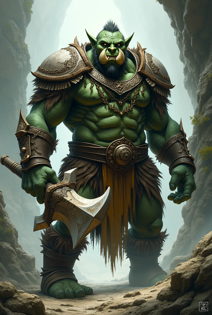A very strong gentle half-orc with a two-handed mass